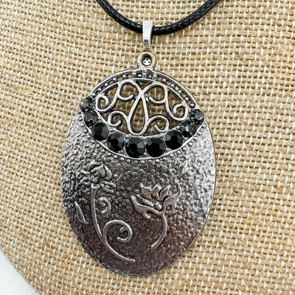 Vintage Upcycled Filigree Floral Pendant Necklace Avant Garde Unique Rhinestone